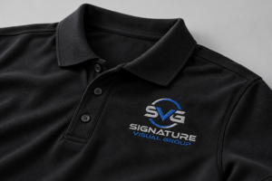 Black polo mockup with embroidered Signature Visual Group logo