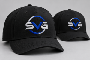 Mockup of black hats embroidered with the SVG logo