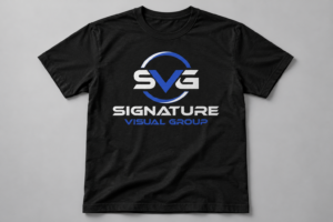 Mockup of a black T-shirt screen printed with the Signature Visual Group logo